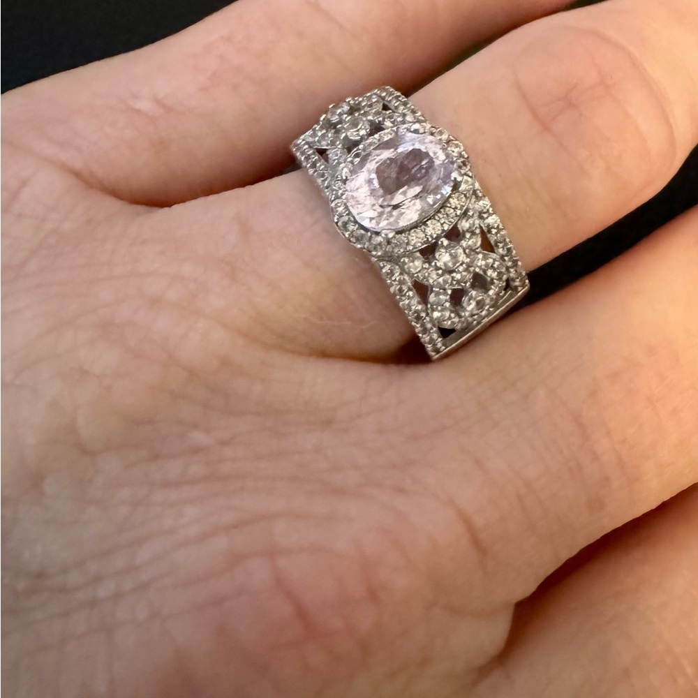 Oval Kunzite and Round White Zircon Rhodium over Sterling Silver. Size 7. - Picture 3 of 4